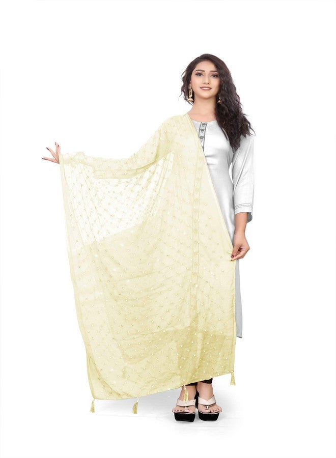themilestocks TMS Woman's Embroidered Chiffon Dupatta Scarf Shawl Wrap Soft Indian Bridal Wedding (Cream) - Image 1
